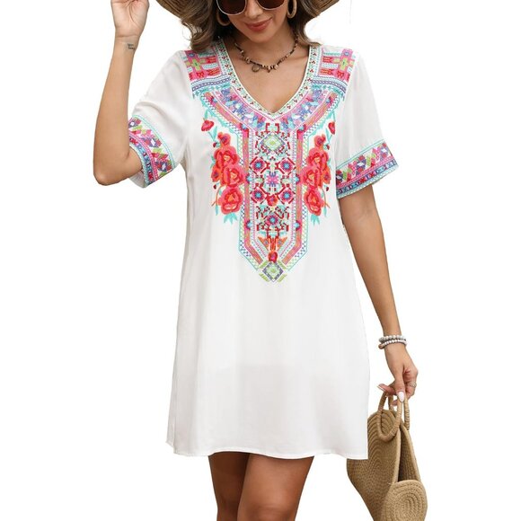 Mexican Boho Dress Women Cotton Short Sleeve Pockets Fiesta Summer Plus Size - Picture 3 of 5